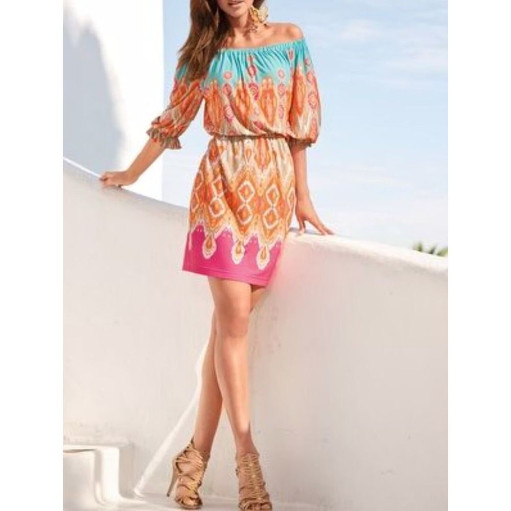 BOSTON PROPER Blouson Dress Multicolor Print Off Shoulderโ Size 4 Boho Summer